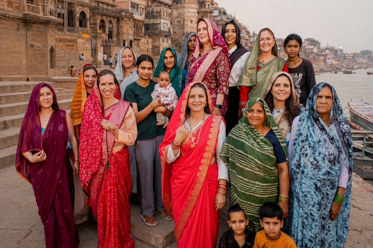 Grupo de viajeras en India frente a un ghat