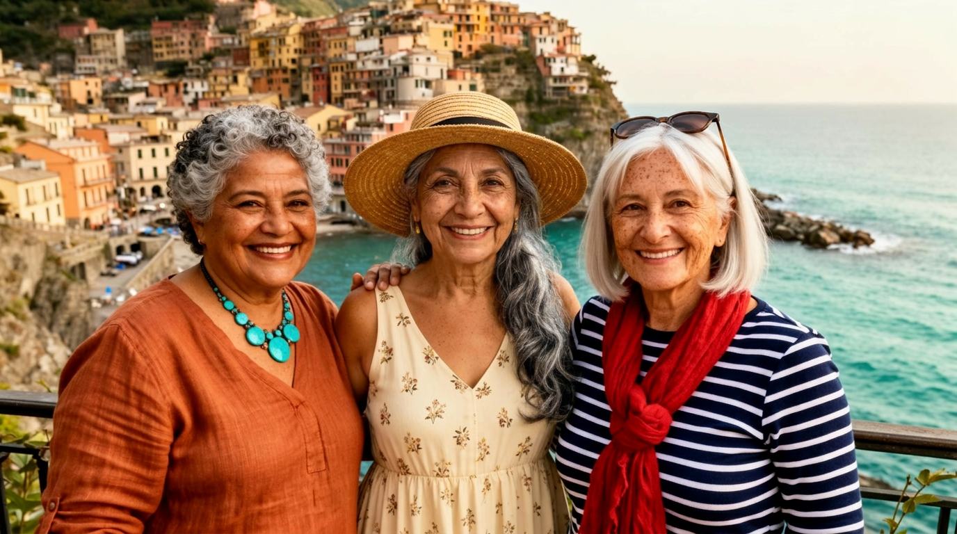 Grupo de mujeres compartiendo una cena bajo olivos